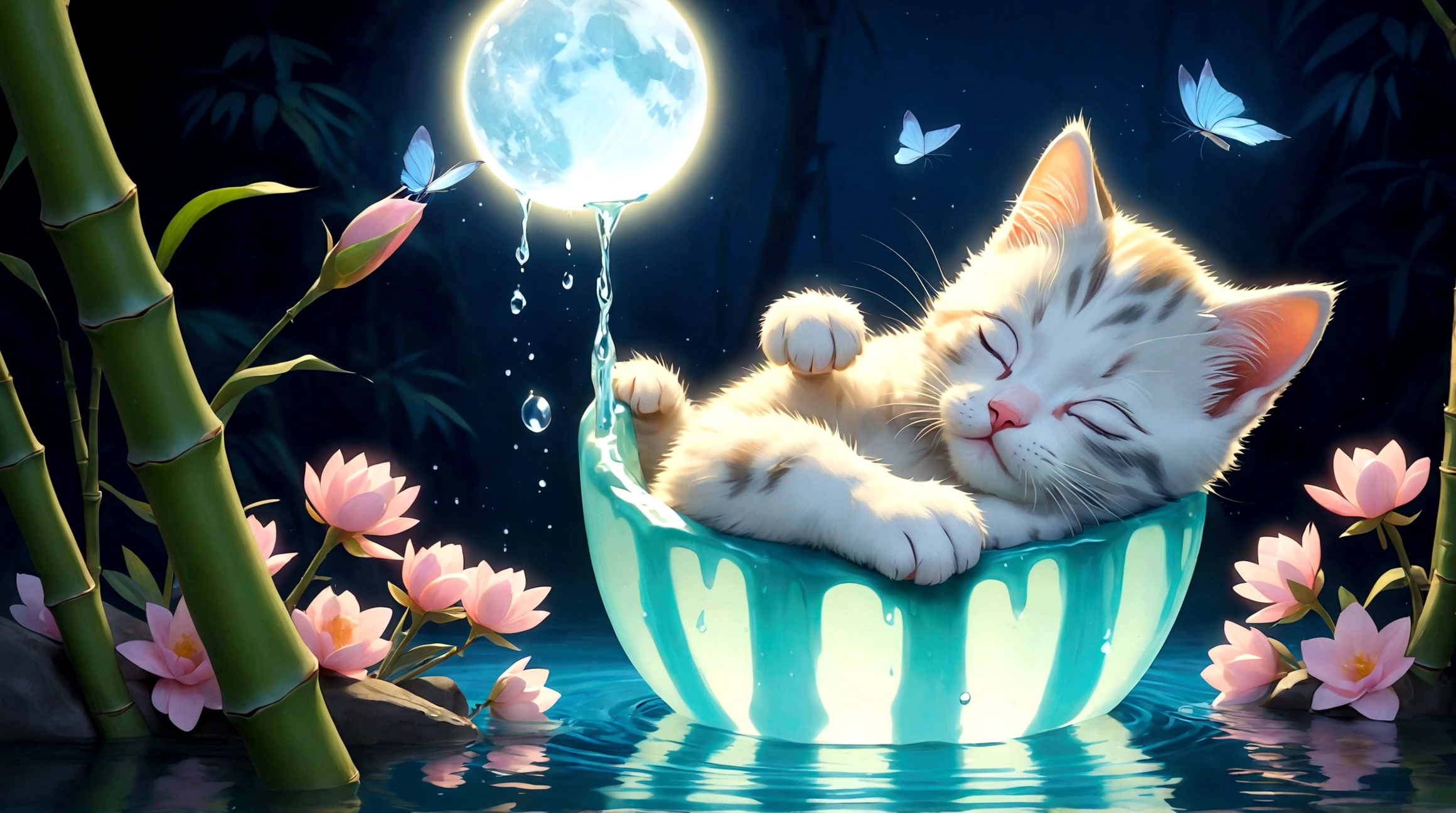 cute kitten sleeping in a lake, next to a bamboo dripping with water