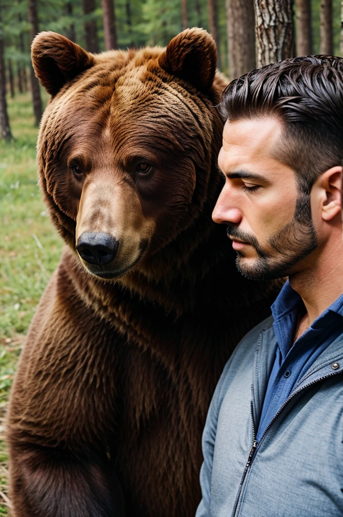 A bear sniffing a man 