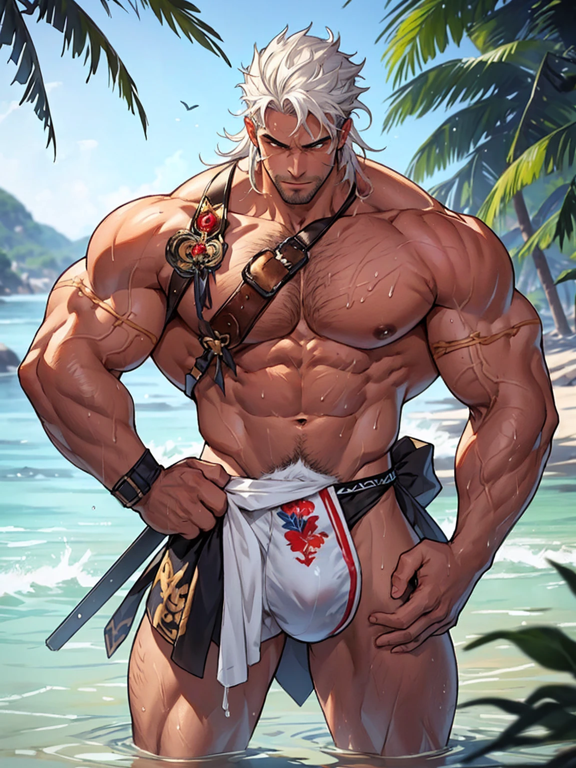 (masterpiece, highest quality), male, Wear miniature String ((White Micro Thong:_pattern_design_String_Breathe life into it_Huge pectoral muscles_The whole body gets wet)) , Bioluminescence_water_world, Wide angle, Athletic build, male, Shiny_skin, muscle,Perfect human structure,Silver Eyed Orange,Nail shape, A look of determination, Narrow waist, Wide Chest, muscle質 , figure, watercolor ink sketch,(Big bulge),(Big egg),Japanese white radish,Leg spread,Glans,((Support the groin)),((Thick body hair)),(Hands touching the crotch),Armpit hair grows,(Bottom-up view),Round ass,The hips are protruding forward,((Clothes are wet)),difficult,(There are many in the body),butterfly,((Very detailed, Very elaborate legs, Very elaborate weapons, Very detailed face, Eye for perfect detail, Perfectly detailed anatomy)),(Broad shouldered)