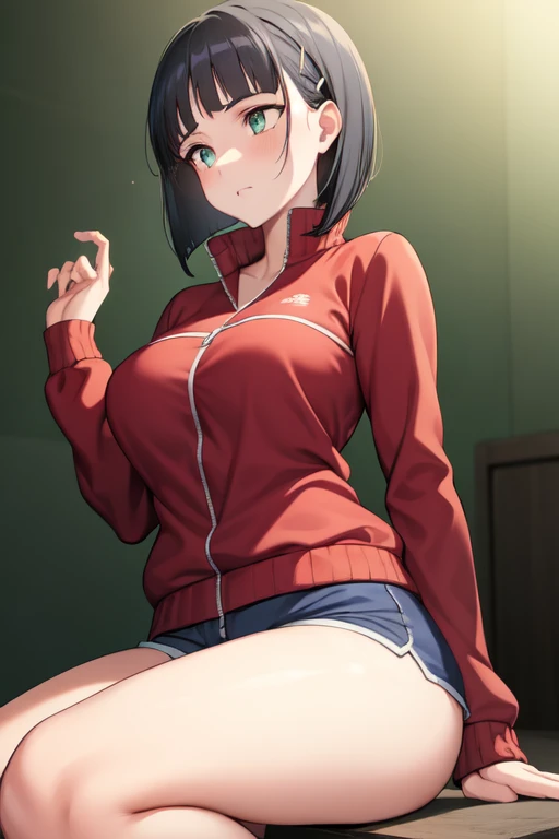 multiple boys, 1girl, Suguha, short hair, hairclip, large breasts, track jacket, red jacket, black shirt, blue shorts,  hand in another's hair, , grabbing another's hair and put his dick inside her,, masterpiece, best quality, highly detailed masterpiece, best quality, high-resolution 