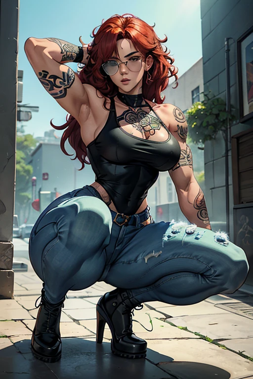 Red Head Girl with curly hair and tattoos of roses in shoulders and forearms,(((Full Body))) wearing blue top and jeans, (((squatting))), sunglasses, carrying a katana. ((Sexy legs)) She has one eye of each color: Green on The light, blue on The left. Witch/Celtic wearstyle, in Brazil. The scene should be in Cinematic's distinctive real life style, focusing on the characters' expressions, colors naturals and detailed textures characteristic of the animations.