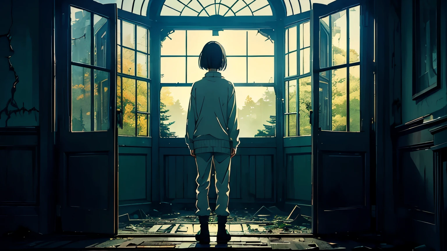 ((A big, creepy soldier stands there))、In a beautifully destroyed old castle、Peaceful creatures sleeping with the night sky、semi-realistic anime style、Slim girl with cute short bob、she is wearing a white sweater、Green standing by the window、Good style、There's a big cat at my feet、There is a Norwegian Forest Cat,