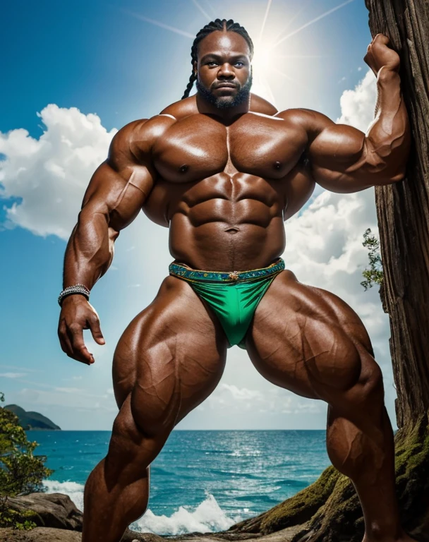 Pena Branca, a ((powerful bodybuilder, as bodybuilder Kai Greene)), ((aged 43 years old)), ((exaggerated muscular thick body physique and pumpes veins)) exuding confidence as he strikes a astonishing standing pose. His remarkable physique add to his commanding presence. ((Captured in stunning 4K detail)), this scene showcases his awe-inspiring physique with precision and dynamism, emphasizing the highlighting and shadows, vitality, and energy of his physique. Indigenous now sculpted into the titanic form of a exagerated muscle built legendary bodybuilder.His stature is an anthem to raw power, a monument to physical dedication, the physique of a ultra muscled god molded by years of intense training. Skin, a living bronze etched with indigenous features, radiates the warmth of the earth and the strength of the sun. Eyes, deep as untouched emeralds, possess the cunning of a predator (of Oxóssi) and the vastness of the ocean (of Iemanjá). A thick, grizzled beard, dyed with the wisdom of 43 years, frames his face, adorned with white feathers that shimmer like halos.Hair, thick as forest vines and gray as ocean foam after a storm, is braided firmly and adorned with exotic plumes and rare seeds. Thick braids, intricately woven, bear turquoise and emerald green beads, as if they were jewels plucked from the sea and forest. A wide, imposing white band adorns his forehead, revering the ancestry of Caboclo Pena Branca and the purity of Oxalá.((The bare torso is a roadmap of voluminous, defined muscles, striations crisscrossing. Arms like tree trunks, thick and veiny)), bear bracelets made of bones and teeth of legendary beasts, hunting trophies and amulets of supernatural power. ((Legs, inverted Doric columms)), end in bare feet that dig into the earth with the firmness of roots, connecting him to the planet's vital energy. 