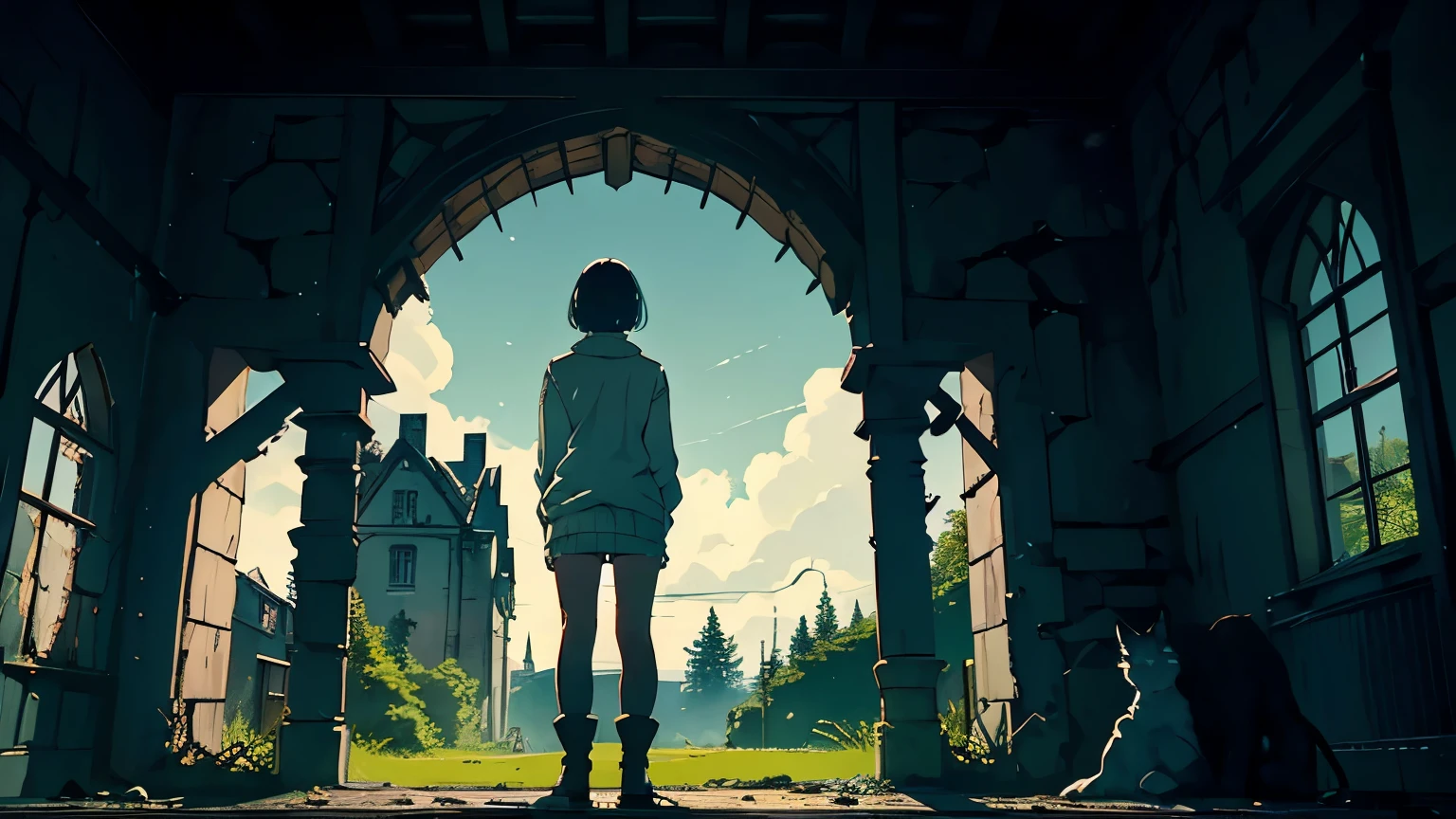((A big, creepy soldier stands there))、In a beautifully destroyed old castle、Peaceful creatures sleeping with the night sky、semi-realistic anime style、Slim girl with cute short bob、she is wearing a white sweater、Green standing by the window、Good style、There's a big cat at my feet、There is a Norwegian Forest Cat,