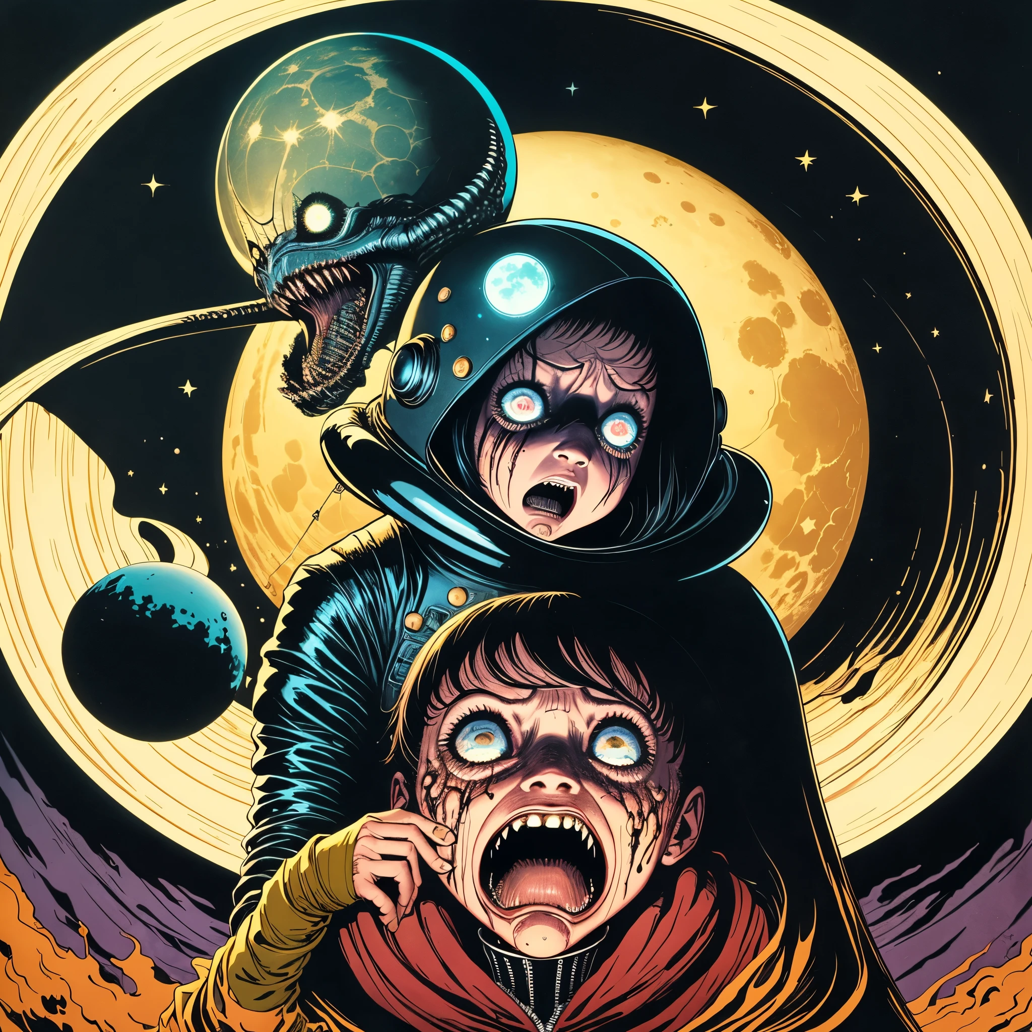 A frightened Italian astro-girl, in a black leather space suit, holding a baby Xenomorph, escaping her captors on one of the moons of Jupiter, HD, 8k, featuring highly detailed facial features and cartoon-style visuals, by Brian Bolland, By Mike Ploog, lurid and vivid colors, Technicolor, retro sci-fi vibe, classic Italian style horror