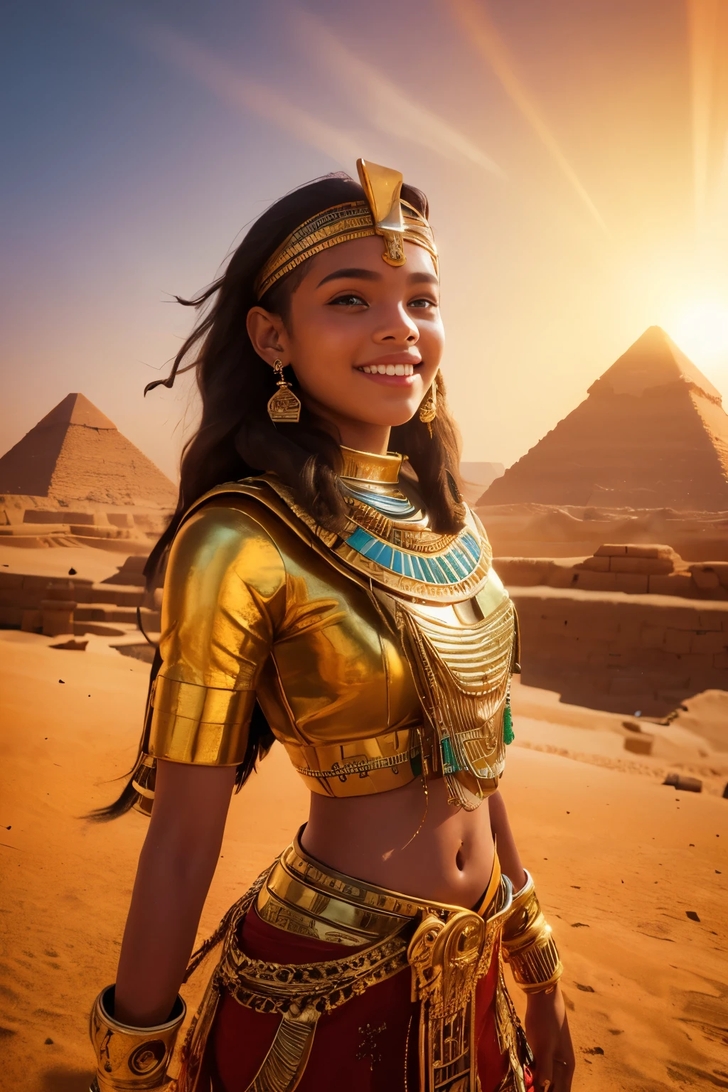 a young girl visiting the egyptian pyramids, smiling, adventurous style, energetic, highly detailed, photorealistic, 8k, hyperrealistic, extremely detailed, cinematic lighting, warm color tones, dramatic shadows, ornate jewelry, intricate clothing details, confident pose, dynamic composition, golden hour lighting, volumetric fog, atmospheric haze