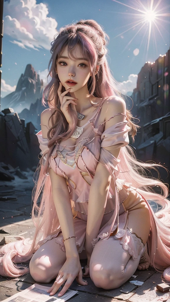 (RAW photos, best quality), (Practical, photo-Practical:1.3), best quality, Very detailed, masterpiece, Extremely detailed, illustration, 1 Girl, superior_Body, Dynamic angle, World Domination Theater, messy_long_hair,best quality, Extremely detailed CG Unity 8K wallpaper,ink,amazing,light,lens_Flare,Dunhuang_Style masterpiece,best quality,Pink and white lace dress,Pink gray hair,Exterior,Cloud,Daughter, Huge ,cleveage,Bare thighs,Innocent