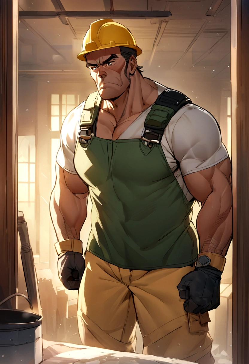 solo,scar,blacksmith,With a hammere,sweat,A man in a shirt stands in the room, muscular! muscular male hero, muscular!! Science Fiction, muscular character, muscular!!, Armor! muscular, Medium shot of handsome guy, Anime handsome man, Tall anime man with brown eyes, muscular!, gigachad muscular