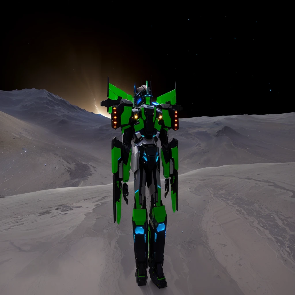 a black colored male transformer with green inserts, symmetrically arranged green parts, on the frontof the body not transparent cabin, on the back - aircraft's wings, arms from elbows to hands look like the front part of a aircraft, wheels are visible on the shoulders, on the legs from knees to the ankle there are aircraft's repulsors and small aircraft's tail wings, no helmet, light blue eyes, two legs, two arms, not a suit, on a background there is an empty dark blue metal desert, no buildings, no structures, dark blue storm clouds, light blue lightning from the clouds, blue river, river to the horizon, electrified river, light blue lightning from the river, space sky, stars in the sky, composition on the metal planet, big metalic planet, dark-blue metal, shiny metal, cybertron, mechanical planet, empty wasteland, dark blue storm clouds, light blue lightning from clouds, blue river, river to horizon, electrized river, light blue lightning from river, space sky, stars on the sky, realistic, watercolor, 4k, high quality, hight attention to details, concept art, concept art by Chris Mowry.