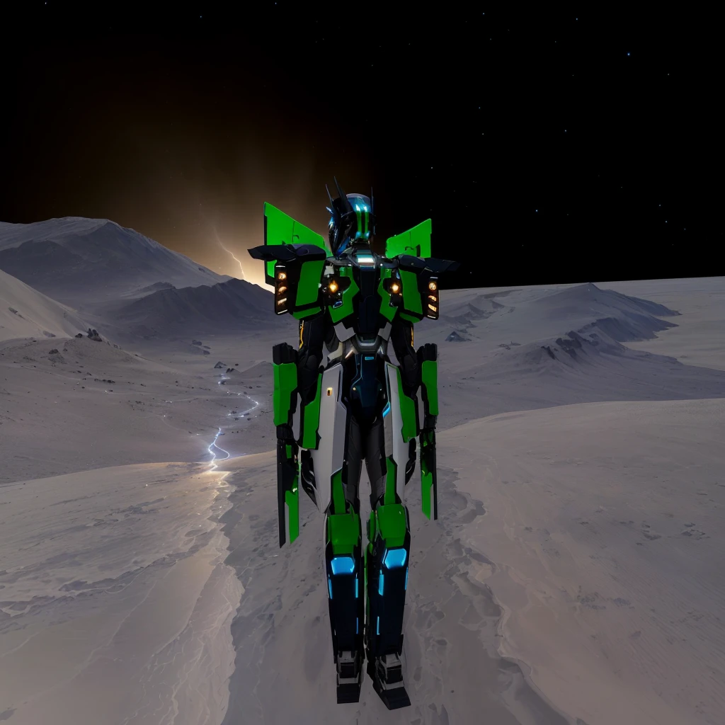 a black colored male transformer with green inserts, symmetrically arranged green parts, on the frontof the body not transparent cabin, on the back - aircraft's wings, arms from elbows to hands look like the front part of a aircraft, wheels are visible on the shoulders, on the legs from knees to the ankle there are aircraft's repulsors and small aircraft's tail wings, no helmet, light blue eyes, two legs, two arms, not a suit, on a background there is an empty dark blue metal desert, no buildings, no structures, dark blue storm clouds, light blue lightning from the clouds, blue river, river to the horizon, electrified river, light blue lightning from the river, space sky, stars in the sky, composition on the metal planet, big metalic planet, dark-blue metal, shiny metal, cybertron, mechanical planet, empty wasteland, dark blue storm clouds, light blue lightning from clouds, blue river, river to horizon, electrized river, light blue lightning from river, space sky, stars on the sky, realistic, watercolor, 4k, high quality, hight attention to details, concept art, concept art by Chris Mowry.