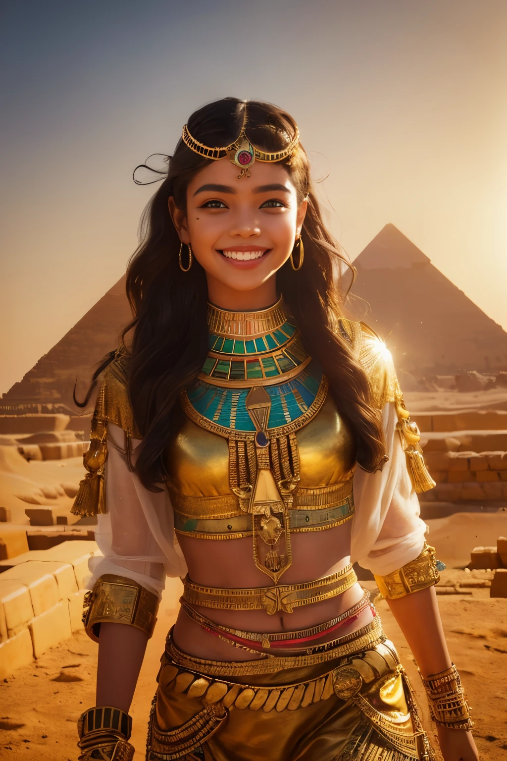 a young girl visiting the egyptian pyramids, smiling, adventurous style, energetic, highly detailed, photorealistic, 8k, hyperrealistic, extremely detailed, cinematic lighting, warm color tones, dramatic shadows, ornate jewelry, intricate clothing details, confident pose, dynamic composition, golden hour lighting, volumetric fog, atmospheric haze