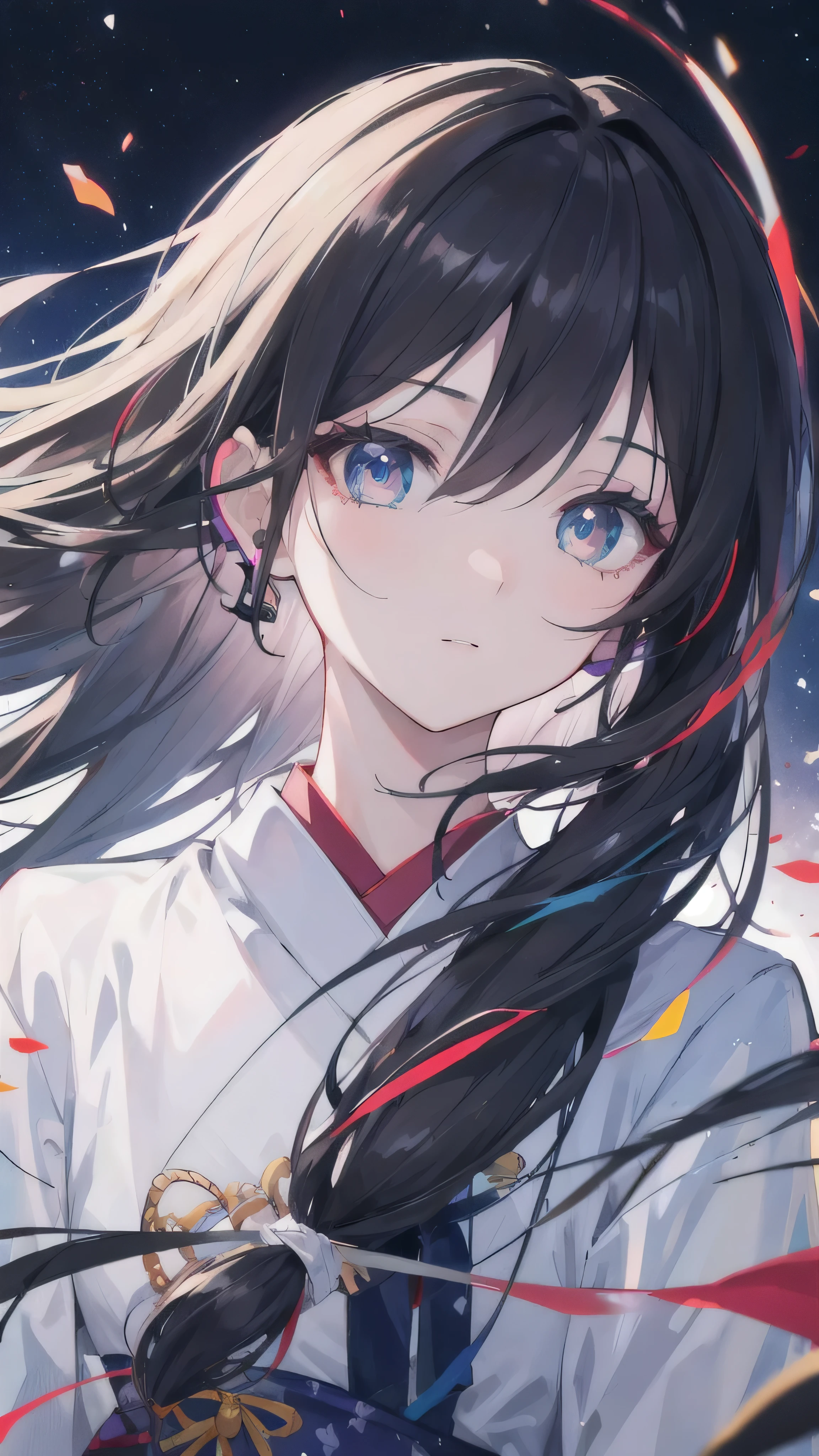 1 Girl, expressive hair, of the night city, Colorful eyes, Black Hair, earphone, Colorful eyes, reflected light, Japanese cartoons, Ray tracing, masterpiece, Super Detail, High Detail, high quality, The award-winning, best quality, 16K, Ultra HD