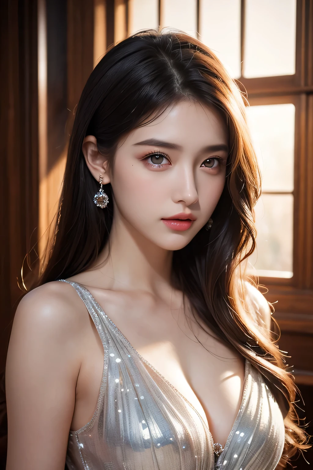 High-quality work,Realistic works,Super premium graphics,8K HD CG works,high quality graphics,High-definition and exquisite CG works,10x pixels,Ultra-fine details:1.1,Advanced technical details:1.1Realistic photo effects,Interior lighting effects:1.5,natural soft light:1.5. Light effect(Virtual light effects:1.8),Ultra-high resolution,shining dress,sliver long hair,silber hair,transparenthair,high detailed hair(Quality hair details:1.1)Clear eyes,Double eyelids look good,Sharp eye makeup, Create exquisite eyelash makeup, tthin eyebrows, Ultra-detailed eyes,a tall nose, lovely red lips, rosey cheeks, With delicate makeup on her face , pretty face, The face shape is perfectly proportioned,(Advanced facial details:1.1) beautiful woman wearing lots of dark purple clothes,Women's artwork,Dress full body video,Reality,Amazing Cleavage,My eyes are very bright today