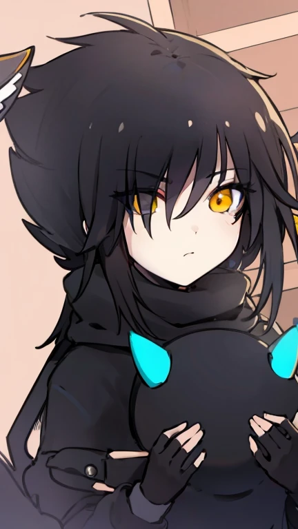 1 man, black jacket, yellow eyes, black hair, black gloves, holding a doll,realistic,ultra detail.
