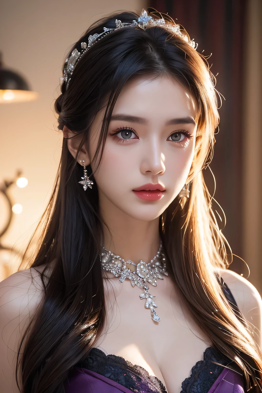 High-quality work,Realistic works,Super premium graphics,8K HD CG works,high quality graphics,High-definition and exquisite CG works,10x pixels,Ultra-fine details:1.1,Advanced technical details:1.1Realistic photo effects,Interior lighting effects:1.5,natural soft light:1.5. Light effect(Virtual light effects:1.8),Ultra-high resolution,shining dress,sliver long hair,silber hair,transparenthair,high detailed hair(Quality hair details:1.1)Clear eyes,Double eyelids look good,Sharp eye makeup, Create exquisite eyelash makeup, tthin eyebrows, Ultra-detailed eyes,a tall nose, lovely red lips, rosey cheeks, With delicate makeup on her face , pretty face, The face shape is perfectly proportioned,(Advanced facial details:1.1) beautiful woman wearing lots of dark purple clothes,Women's artwork,Dress full body video,Reality,Amazing Cleavage,My eyes are very bright today