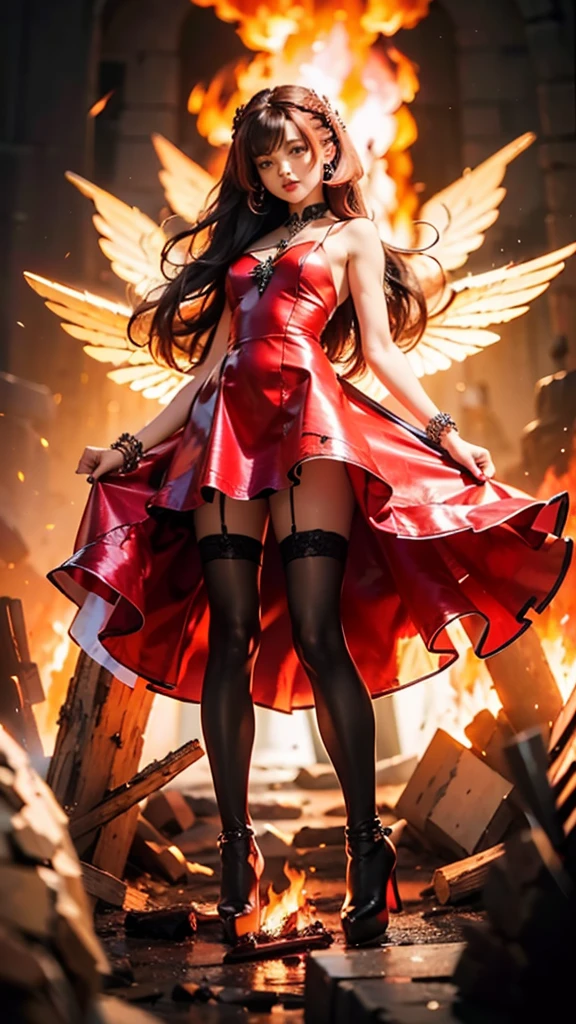 1girl, fire, wings, solo, dress, red_dress, high_heels, boots, embers, thighhighs, full_body, long_hair, black_hair, red_hair, jewelry, looking_at_viewer