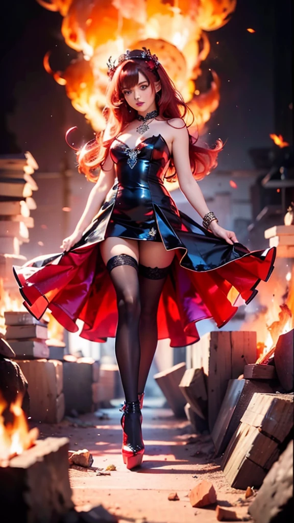 1girl, fire, wings, solo, dress, red_dress, high_heels, boots, embers, thighhighs, full_body, long_hair, black_hair, red_hair, jewelry, looking_at_viewer