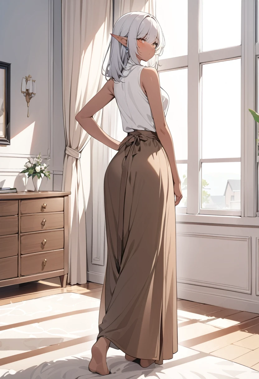 ((Masterpiece)), ((Best Quality)), (Very Detailed), ((Very Detailed)), 4K, (8K), very aesthetic, absurdres highres, 1 woman, elf, dark skin, brown skin, silver hair, elegant woman, In the bright daytime living room of her home, a woman steps on the hem of her long skirt and nearly topples it forward. Seeing this, the cat who was lying on the carpet in the living room opened its eyes wide in surprise. Soft sunlight streams in through the window, bathing the entire room in warm tones,