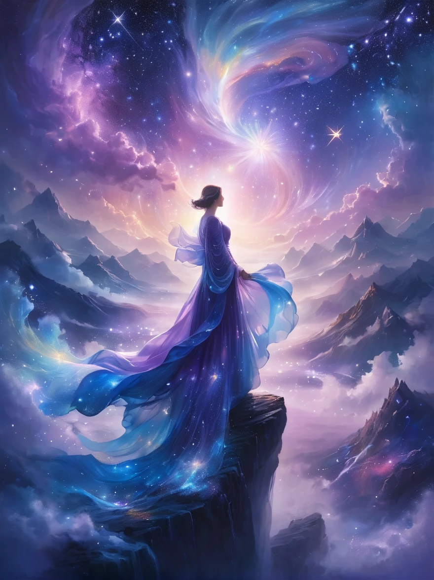 A figure stands on a cliff, enveloped in swirling streams of cosmic energy, amidst a dreamy, nebulous landscape. The silhouette of the person is wrapped in a flowing, ethereal gown that merges with the celestial currents. The sky is a tapestry of deep purples and blues, sprinkled with stars, and the landscape below is hinted at with soft, rolling mountains. The scene is one of tranquility and the sublime, capturing the majestic essence of the cosmos with a single, contemplative figure standing in awe.