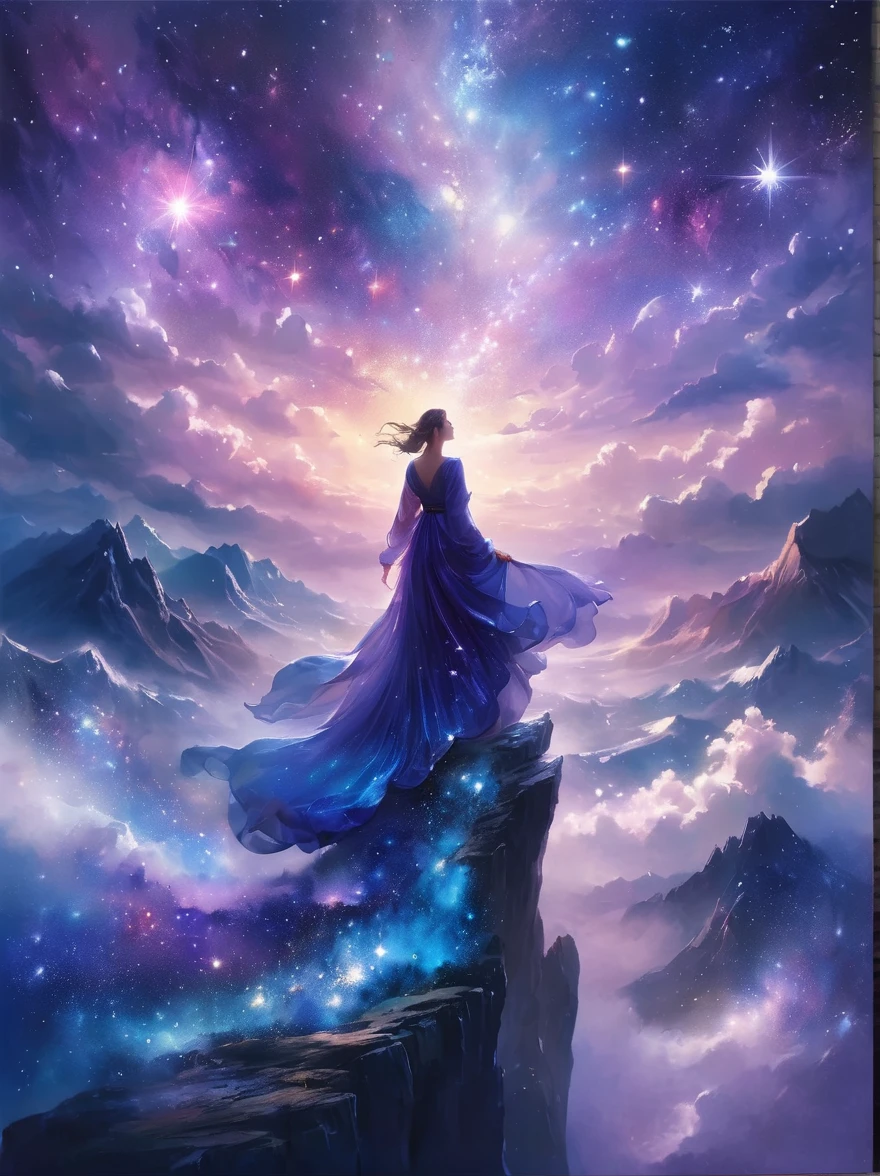 A figure stands on a cliff, enveloped in swirling streams of cosmic energy, amidst a dreamy, nebulous landscape. The silhouette of the person is wrapped in a flowing, ethereal gown that merges with the celestial currents. The sky is a tapestry of deep purples and blues, sprinkled with stars, and the landscape below is hinted at with soft, rolling mountains. The scene is one of tranquility and the sublime, capturing the majestic essence of the cosmos with a single, contemplative figure standing in awe.