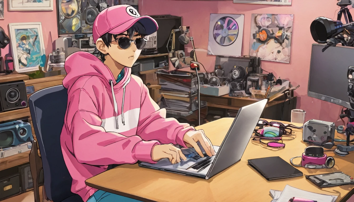 Anime middle boy character sitting and speaking on a chair behind a table with his laptop on the table in his studio. wearing a pink hoodie, a cap, sunglasses. Some gadgets lying around background and around his desk. Facing the camera at the front.