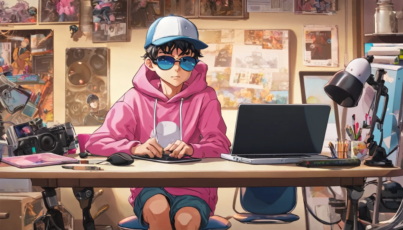 Anime middle boy character sitting and speaking on a chair behind a table with his laptop on the table in his studio. wearing a pink hoodie, a cap, sunglasses. Some gadgets lying around background and around his desk. Facing the camera at the front.