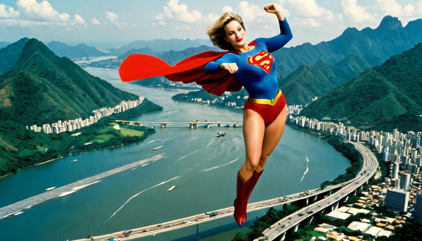 panoramic view; flying with determination; faster than a jet; old Meryl Streep((without glasses))) Superwoman 1984 costume (((50 years old; short hair))); determined, confident, imposing woman; airbender; floating above the Rio de Janeiro 1984 highway(((Lakes Region))); (heavy traffic; satellite view); superhero pose flying through the skies
