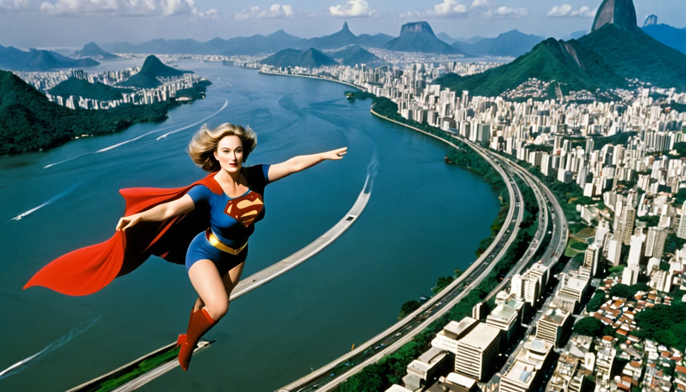 panoramic view; flying with determination; faster than a jet; old Meryl Streep((without glasses))) Superwoman 1984 costume (((50 years old; short hair))); determined, confident, imposing woman; airbender; floating above the Rio de Janeiro 1984 highway(((Lakes Region))); (heavy traffic; satellite view); superhero pose flying through the skies 