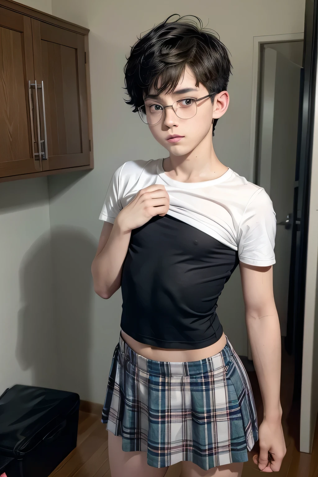 1boy, nice ass, boy haircut, femboy, sexy pose, male body, flat chest, ager boy, teen male bodytype, dark hair, short hair, boy hair cut, honey eyes, looking at viewer, shy, sexy, very short hair, embarrassed, glasses, female short plaid skirt, all fours, ,masterpiece, high quality, curvy boy, boy face, girl body, tight clothes, flat chest