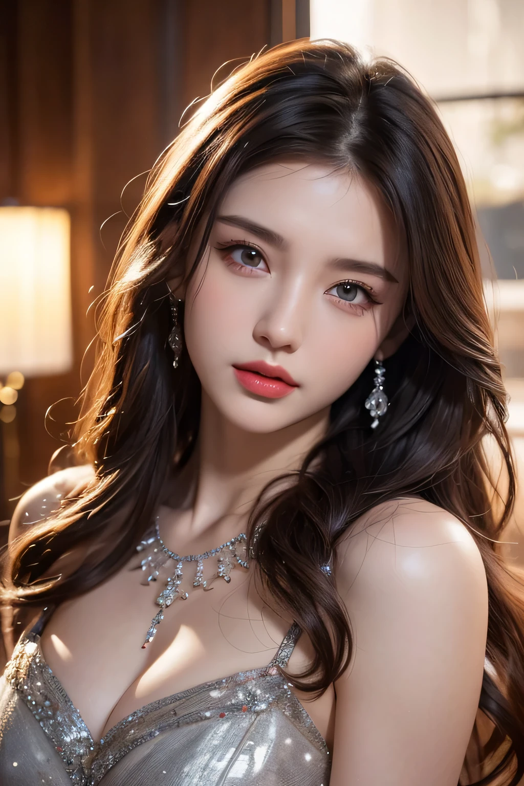 High-quality work,Realistic works,Super premium graphics,8K HD CG works,high quality graphics,High-definition and exquisite CG works,10x pixels,Ultra-fine details:1.1,Advanced technical details:1.1Realistic photo effects,Interior lighting effects:1.5,natural soft light:1.5. Light effect(Virtual light effects:1.8),Ultra-high resolution,shining dress,sliver long hair,silber hair,transparenthair,high detailed hair(Quality hair details:1.1)Clear eyes,Double eyelids look good,Sharp eye makeup, Create exquisite eyelash makeup, tthin eyebrows, Ultra-detailed eyes,a tall nose, lovely red lips, rosey cheeks, With delicate makeup on her face , pretty face, The face shape is perfectly proportioned,(Advanced facial details:1.1) beautiful woman wearing lots of dark purple clothes,Women's artwork,Dress full body video,Reality,Amazing Cleavage,My eyes are very bright today