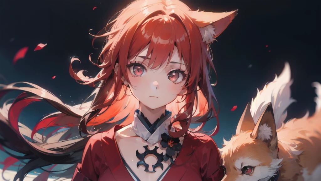 Best quality, highly detailed, masterpiece, ultra detailed, (1 girl, (detailed background), delicate eyes, ), girl with orange hair and fox ears, red eyes, wearing red dress with open chest, japanese romance scene, dinamic lighting, dinamic effect, cinematic light, anime screenshot
