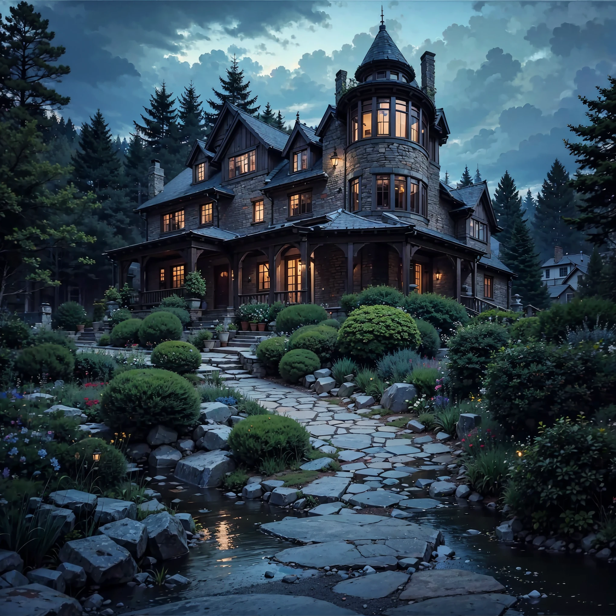 The Romanesque Revival mansion, accessed by a winding stone path, is surrounded by an English garden. There is a dense forest behind the house. There is a dark cloud above the house, which portends a downpour. The lights in the windows are off.