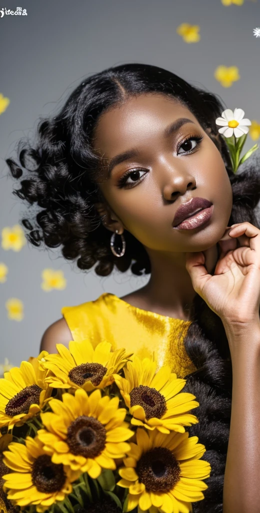 black skin tone, black curly hair, dark brown eye, yellow dress with flowers, holding a ladybug in hand, silver background, 8k, 3D.