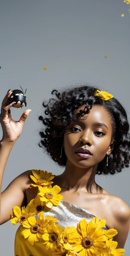  black skin tone, black curly hair, dark brown eye, yellow dress with flowers, holding a ladybug in hand, silver background, 8k, 3D.