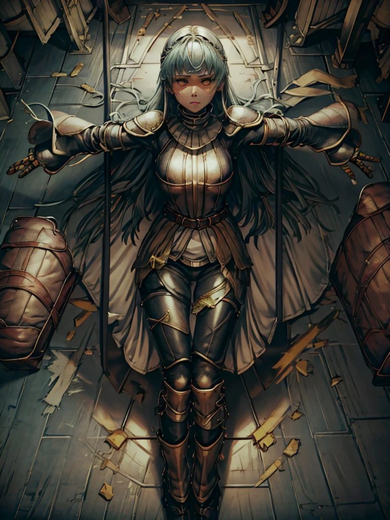 (​masterpiece、top-quality、hight resolution), A once valiant female soldier, now betrayed and abandoned, lies alone in a defeated pose on the battlefield. She had fought bravely, holding a defense line that would be sung by future bards, but her subordinates fled, a merchant spy leaked their secrets, and her homeland forsook her. In a moment of despair, she yells at the approaching enemy soldiers, "Fine! Do whatever you want! I don't care anymore!" before collapsing to the ground, arms and legs sprawled out in a starfish position, a symbol of her surrender and hopelessness. She is the only one in the scene, highlighting her isolation and desperation.