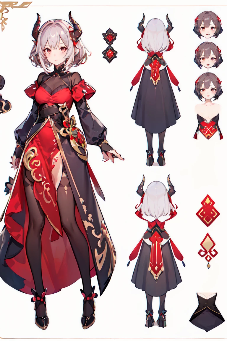 (Character Design Sheet, mismo personaje, Frente, diferentes expresiones) chica dragona rosa, cabello ondulado distintos tonos de rosa con cola de dragona