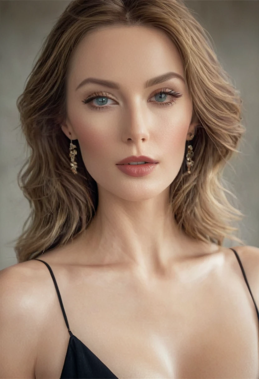 Close-up shot of a woman wearing a sleek bodysuit, exuding sensuality as the camera caresses her face, highlighting sharp cheekbones and plush lips. The framing focuses on the subtle curve of her neck, leading the viewer's eye to the tantalizing glimpse of cleavage, creating a visually appealing composition with deliberate playfulness.