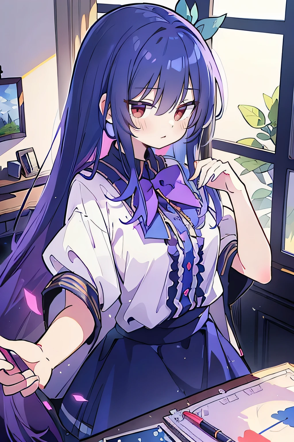 (Best Quality: 1.3), (Masterpiece: 1.3), (Illustration: 1.3), (Ultra Detailed: 1.3), (Imide Lens: 0.9), 1girl, Medium Breasts, Purple Eyes, ((Dark Blue Hair) ), hair accessories, young, clothing-gladiia, long hair, dark blue hair, indoors, black shorts, high socks, low ponytail, expressionless, upper body, close-up, coat, skirt,