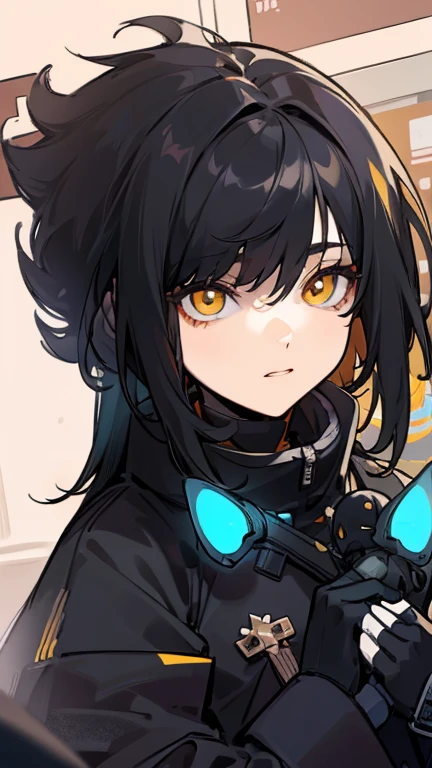 1 man, black jacket, yellow eyes, black hair, black gloves, holding a doll,realistic,ultra detail.
