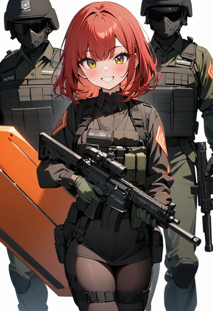 Masterpiece, only 1 female, security guard, Special Assault Team, special forces, holding large shield, black wear, modern, cute, smiling, bright, holding gun, bangs center parted, red hair, medium hair, innocent, cute, white background