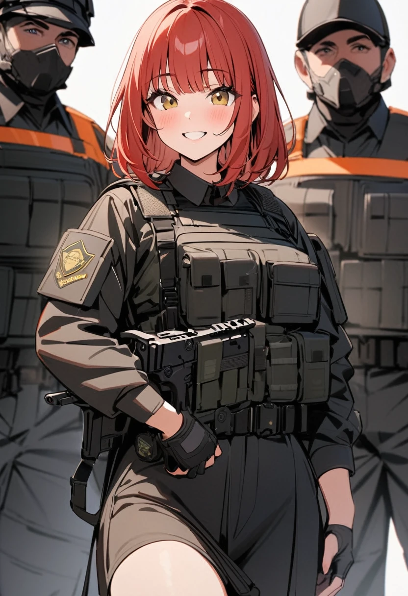 Masterpiece, only 1 female, security guard, Special Assault Team, special forces, holding large shield, black wear, modern, cute, smiling, bright, holding gun, bangs center parted, red hair, medium hair, innocent, cute, white background