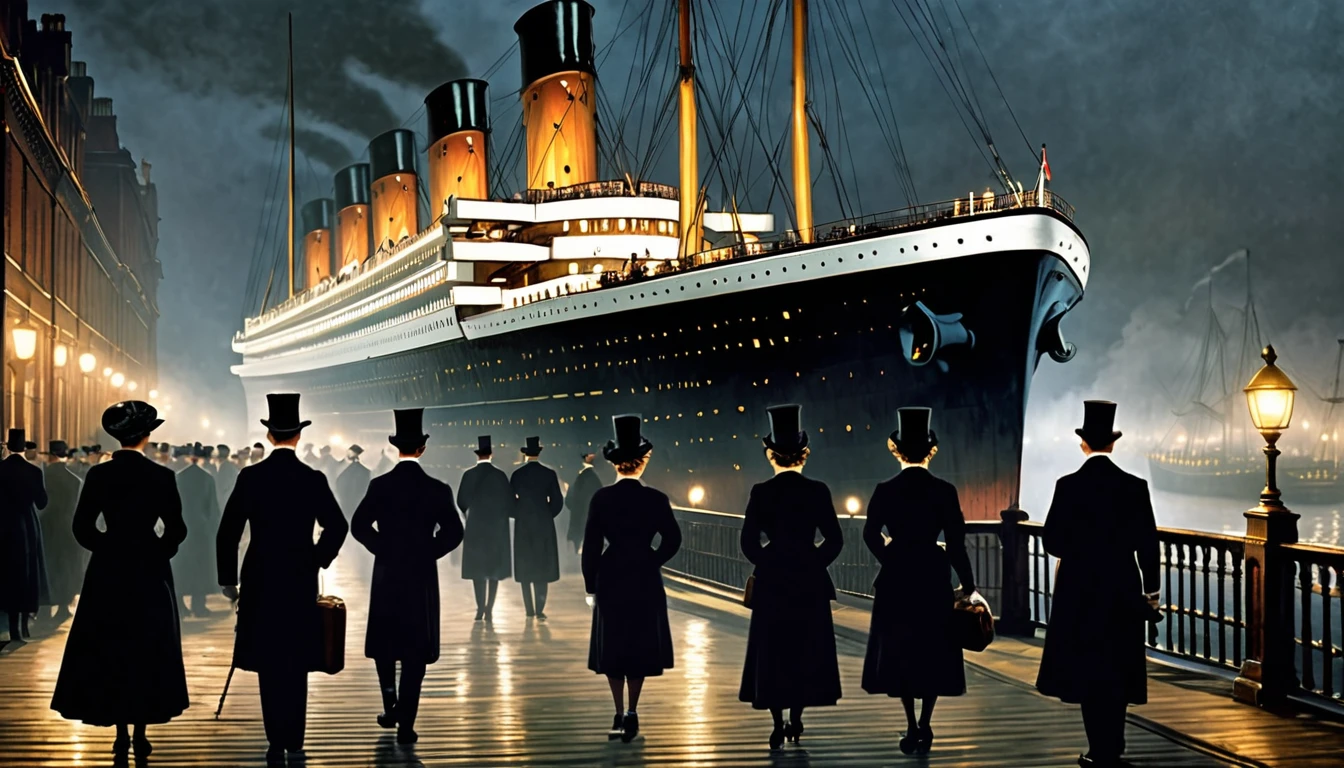 Victorian upper class scene, Dock on a foggy night, In the background you can see the huge luxury liner RMS Titanic., Well-dressed English gentlemen and ladies walking, waiting to board, Dim lighting from lamps on the dock, A solemn, gloomy atmosphere, Intricate period costumes and architectural details, Cinematic composition photorealistic rendering, RMS Titanic anchored in Southampton port ahead of its maiden voyage, 1912, With upper-class ladies wearing gorgeous hats and fur stoles、Gentlemen in tailcoats and top hats, Atmospheric fog and dim lighting from pier lamps, Person carrying luggage々, Excited but gloomy, Incredible detail