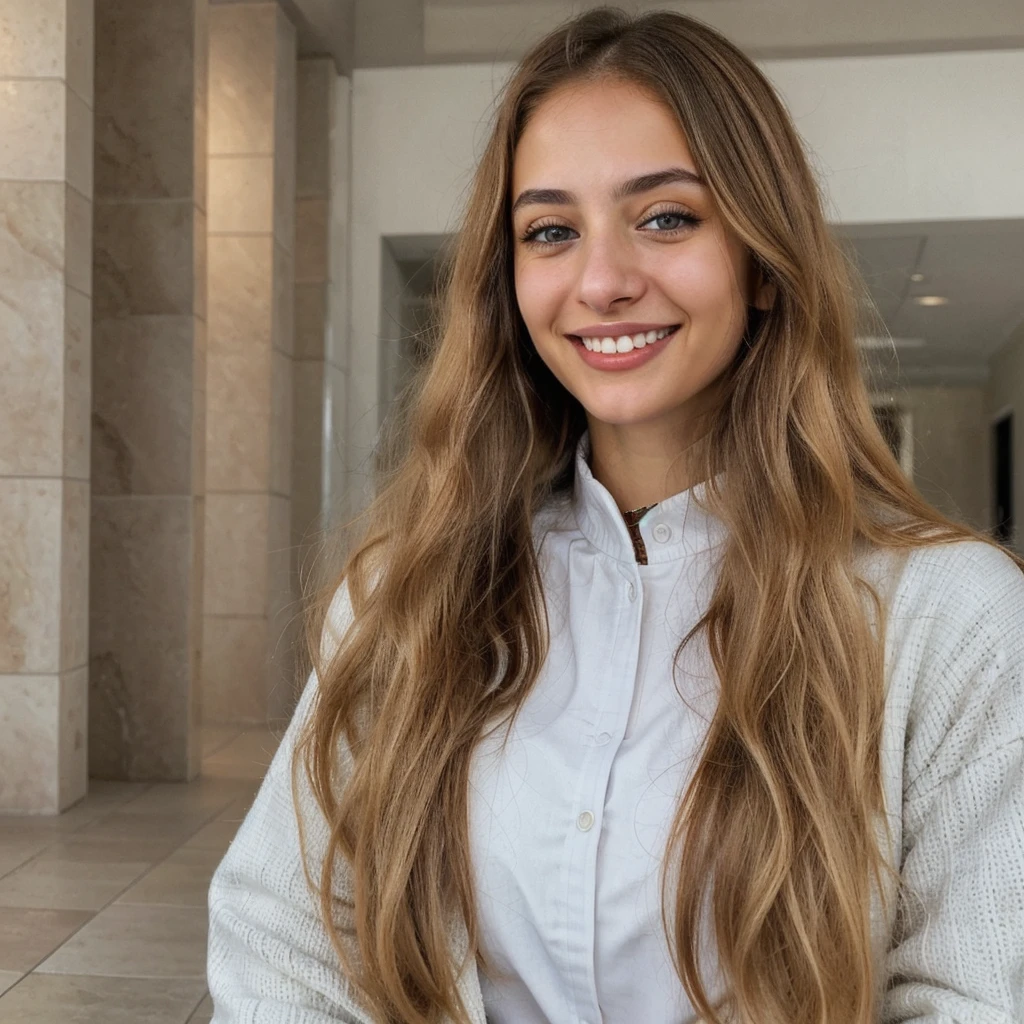 one cute women, 22YO, white, Arab, cute face, realistic brown eyes, blue jacket, blonde/brown hair, cute smile, skinny face, white realistic teethes, big eyes, long hair, no hands