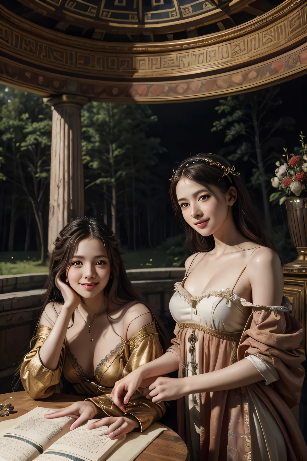 Giorgione painting style,Arguments of two female Philosophe,math、astronomical machine、astronaut、roses in vase、fruits、Cute trinkets、smile、ancient greek costume、Background is a forest lake at night 、Clothes that stretch your shoulders、A big smile、beautiful bare skin、A detailed representation of the seducing woman throughout her body.