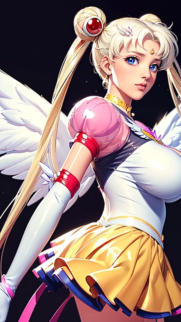 (((Perfect body,White and tender skin,(((Yellow layered skirt Pink puffy sleeves White gloves White boots Wing brooch Red choker Red ribbon Wings Hairpin Red bun cover Golden crescent forehead mark))),(((EternalSM ,Slender and soft golden hair, crystal clear and delicate skin, bright blue big eyes, thin cherry colored lips,,))),((masterpiece)),highres,((Best quality at best)),masterpiece,quality,Best quality,((( Exquisite facial features,Looking at the audience,There is light in the eyes,(((lol,happy))),))),(((Light and shadow,Huge breasts,))),(((Looking at the camera,black background,))))