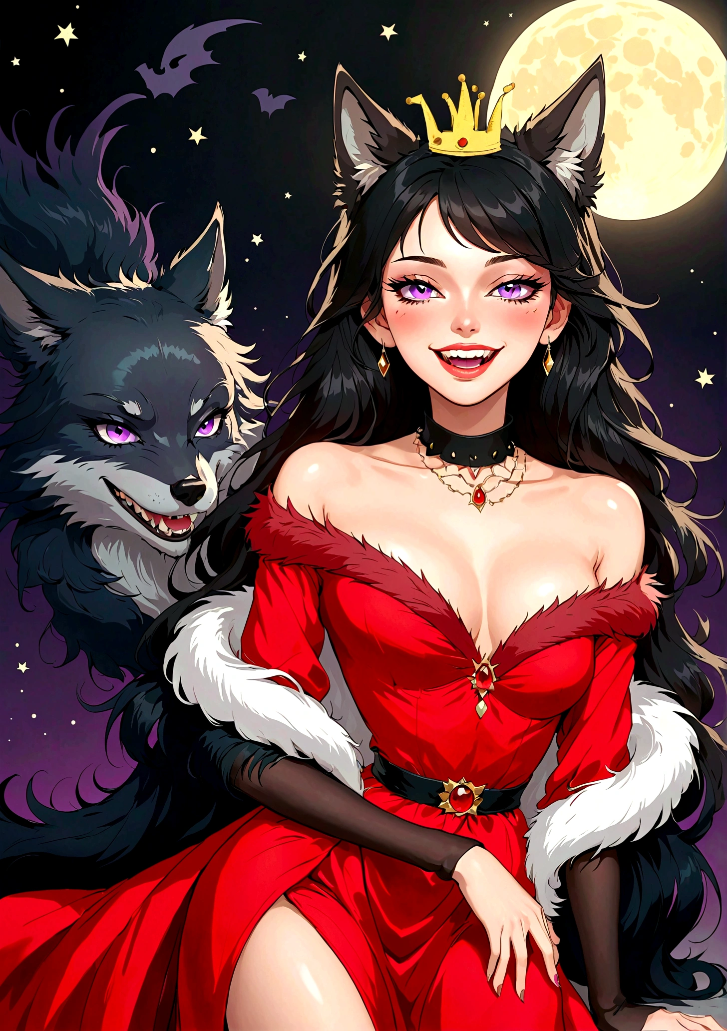 Vector，flat，Simple and smooth lines，A beautiful illustration：Beautiful girl sitting elegantly，(((She has a beauty spot:1.37)))，Purple Eyes，Delicate lashes，laughing out loud，Fangs，Smooth skin，Long black hair，Wolf ears， Small Crown，Red dress with fur collar，Long legs。The docile wolf。Correct human anatomy，moonlight，bat