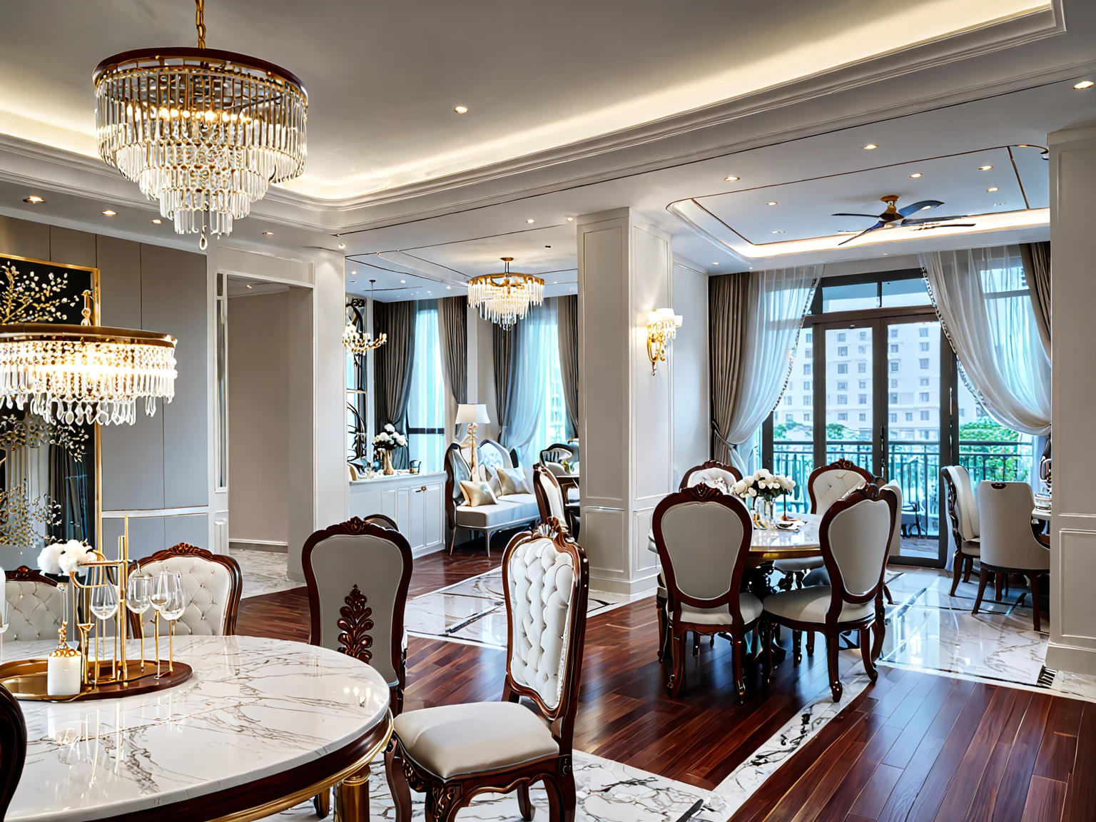 ,Masterpiece, Best quality,8K, Ultra-high resolution,When you step into the dinning room of restaurant room,Immediately surrounded by a rich atmosphere of luxury。Ornate crystal chandeliers hang high on the wall,Shine brightly。the space  was covered with a soft white fluffy blanket,It is so comfortable,So much so that you can't help but indulge in it。Embellished with precious porcelain and white-off gold ornaments。Whenever it is late afternoon,The afterglow from the window spilled on the floor,Soft light and shadow are reflected,It was as if entering a dreamland. ((Wooden chair and table : 1.3)), MIRROR COVER THE COLUMN