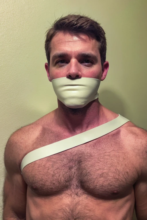 middle-aged handsome man full body, hairy chest, naked, short brown hair, stubble, facial hair, bearded, tape wrapped, wrap gag, tightly bound, tape wrapped around face