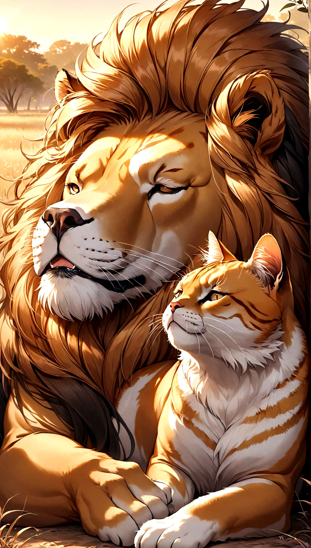 A heartwarming image of a lion and a cat sleeping together. The lion is a majestic male with a thick, golden mane, lying on its side with a peaceful expression. The cat is a small, fluffy calico with white, black, and orange patches, curled up close to the lion's body. They are resting on a soft, grassy area in the savannah, with the warm, golden light of the setting sun casting a gentle glow over them. The scene captures an unlikely but touching bond between the two animals, highlighting their tranquility and the beauty of nature.