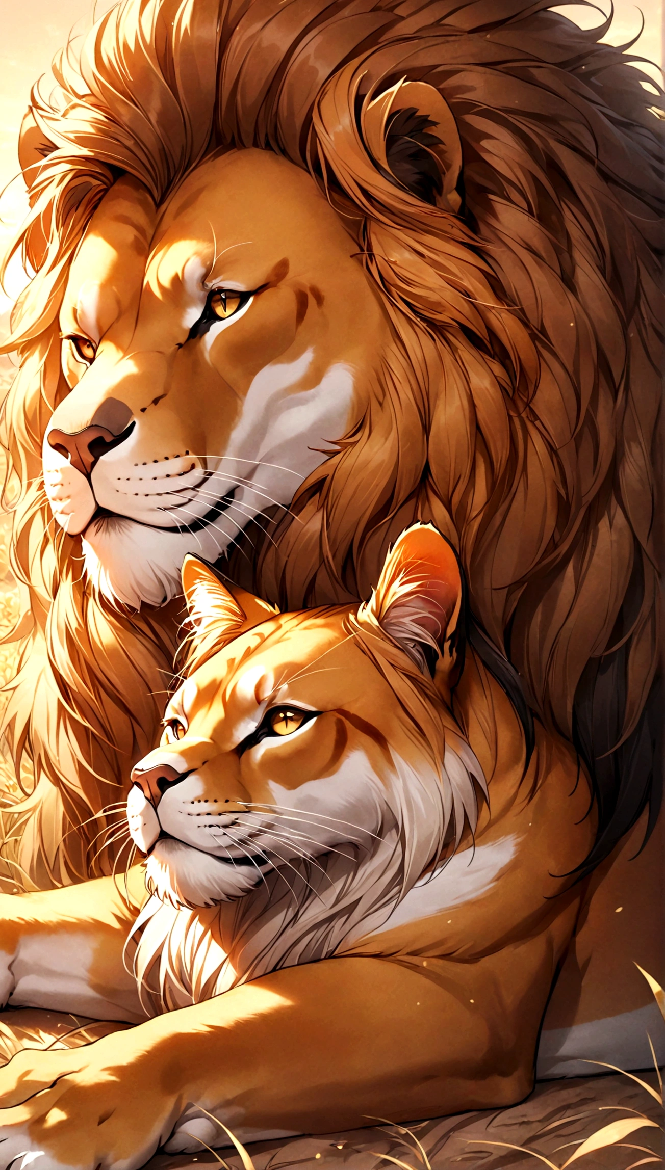 A heartwarming image of a lion and a cat sleeping together. The lion is a majestic male with a thick, golden mane, lying on its side with a peaceful expression. The cat is a small, fluffy calico with white, black, and orange patches, curled up close to the lion's body. They are resting on a soft, grassy area in the savannah, with the warm, golden light of the setting sun casting a gentle glow over them. The scene captures an unlikely but touching bond between the two animals, highlighting their tranquility and the beauty of nature.